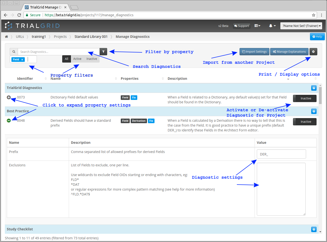 Diagnostics Page Controls